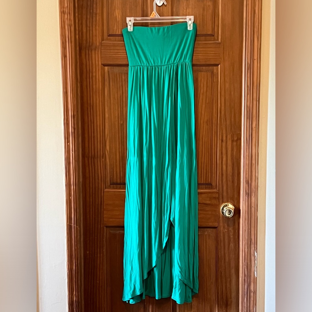 Venus strapless maxi dress, with large slit up leg, Kelly green,